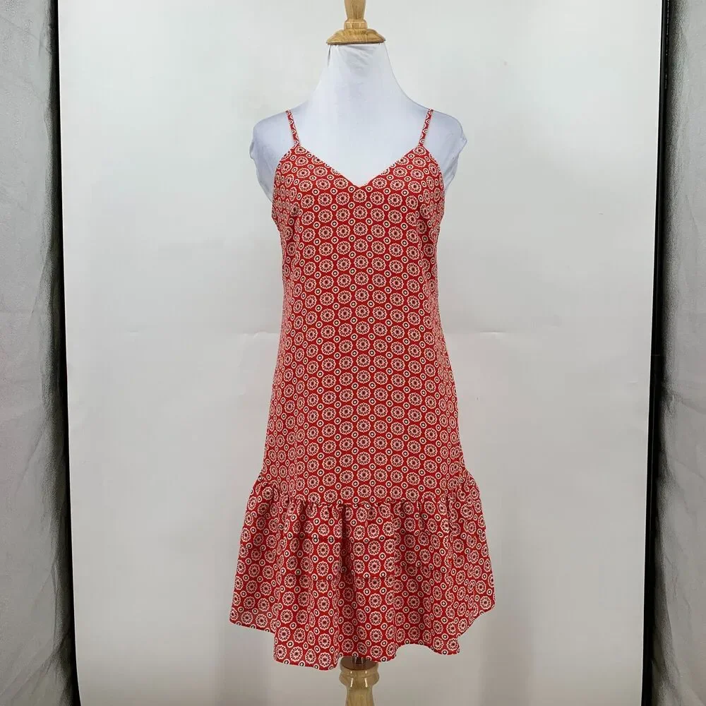 J Crew Ruffle Hem Dress Womens 0 Red Printed Spaghetti Drop Waist Knee Length
